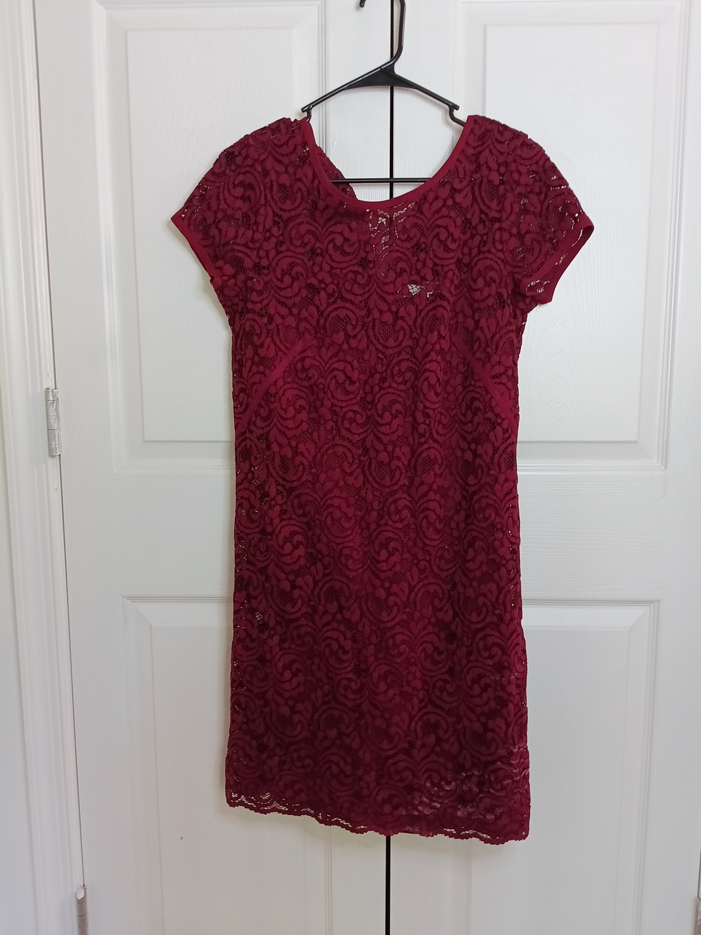 LOFT Burgundy Lace Short Sleeve Mini Dress